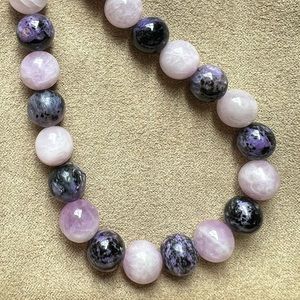 Kunzite & Charoite Round Knotted Bead Strand Sterling Silver Necklace